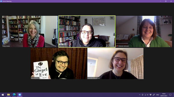 A good thing to come out of 2020 is that @AndreaSJones @Vicky_ljohnson @JenniBeaumont and I formed a little book group together.  This month we read #TheGospelofEve by @RevRachelMann @RMannWriter and we were pleased to be joined by the author herself 📖🙂