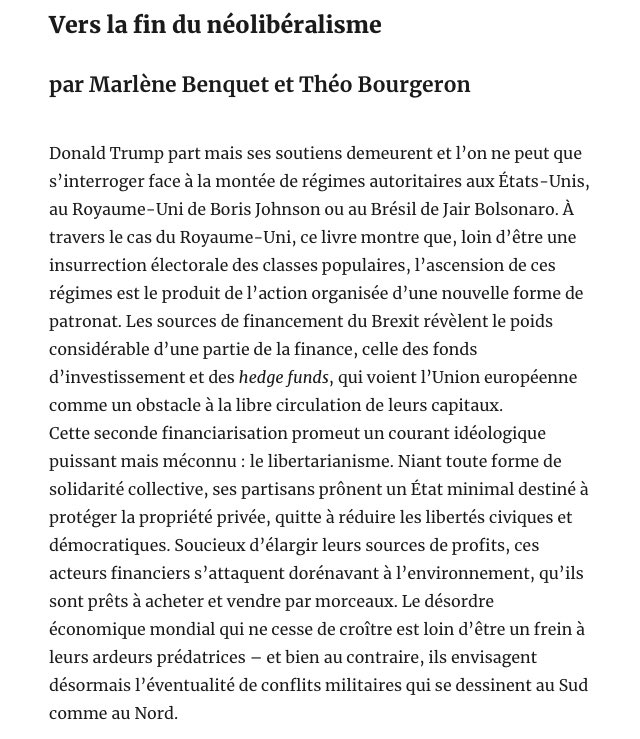 « Vers la fin du néolibéralisme »par Marlène Benquet et Théo Bourgeron