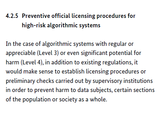Several expert groups, including the (misleadingly labeled) German Data Ethics commission, have called for licensing requirements, at least for high-risk algorithmic systems  https://www.bmjv.de/SharedDocs/Downloads/DE/Themen/Fokusthemen/Gutachten_DEK_EN_lang.html;jsessionid=34B2293F696E96B2830C0DCBDEDB7EBC.2_cid289?nn=11678512