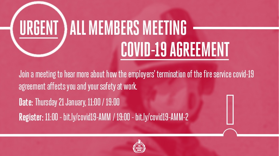 URGENT: Fire service bosses are trying to water down safety in the middle of a pandemic

Join our All Members Meetings tomorrow at 11:00 or 19:00

✍️Register for 11:00: lght.ly/jh31899
✍️Register for 19:00: lght.ly/bof2ao7
📺Tune in on FB: lght.ly/olejg2d