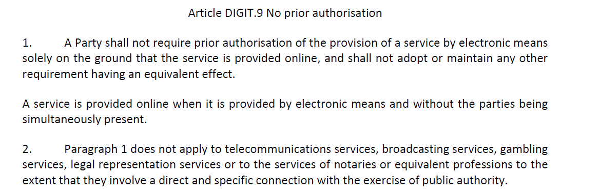 The online/offline dichotomy on which Article DIGIT.9 relies is unsustainable. It's almost embarrassing to put this into a treaty in the year 2021 (especially during COVID!). We are constantly connected by electronic means without being (physically) simultaneously present.
