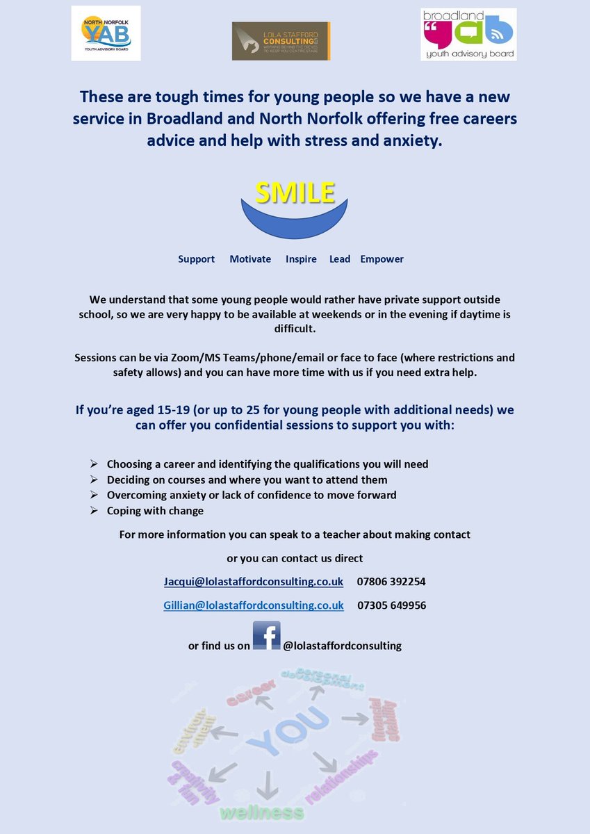 SMILE 😁

▶️Support
▶️Motivate
▶️Inspire
▶️Lead
▶️Empower

These are tough times for young people. We've commissioned free careers advice &amp; help with stress and anxiety for young people aged 15-19 (up to 25 for young people with additional needs) in Broadland 👇