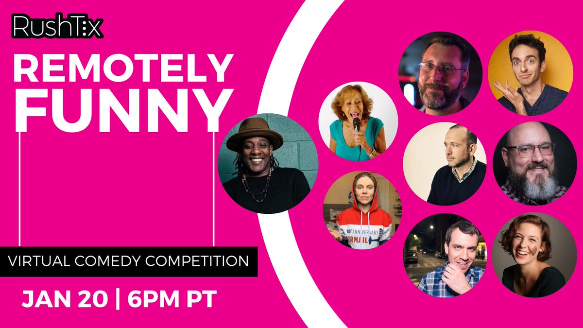 rushtix's tweet photo. Are you remotely funny? Watch top comics go head-to-head for bragging rights as the RushTix virtual comedy champion. WEDNESDAY NIGHT 1/20 at 6:00pm PT   #comedycompetition #remotelyfunny #quarantinecomedy  Right pointing backhand index Get FREE TIX: https://t.co/KzHCJVEj04 https://t.co/cT5NrQuoJU