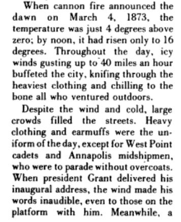 PJJavaWX's tweet image. Fun fact about DC weather today. Winds near the time of the swearing in could gust to 40 mph. Possibly making Biden’s Inauguration the windiest of them all. The only other similarly windy Inauguration occurred for Reagan in 1985 and Ulysses S. Grant in 1873. See 1873 archives.