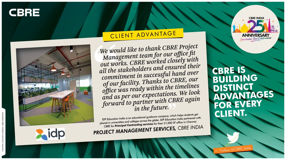 CBRE_India's tweet photo. #ClientAdvantage

@idpindia, an educational guidance company that helps students get placed in universities across the globe, partnered with CBRE for principal contracting services for their 51,000 SF office in Chennai
 
Here's what they had to say about the association:
@CBREPJM https://t.co/w5PmjuWupf