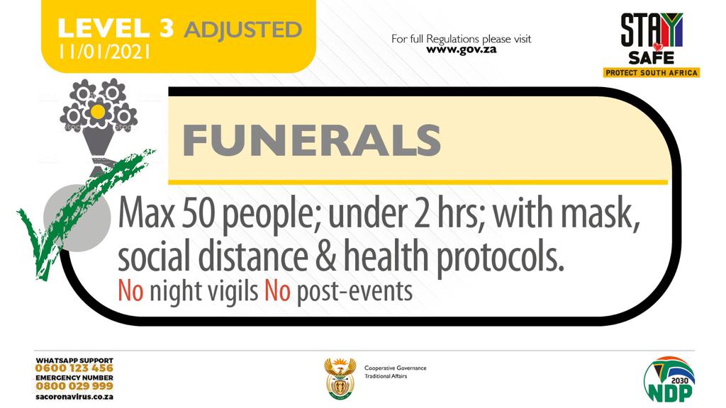 GCIS_IRC's tweet photo. #Covid19SA Funerals may not be attended by more than 50 people, and there needs to be social distancing, hand sanitising and mask wearing. #Level3Regulations #LockdownLevel3 #StaySafe https://t.co/dbv8v0u2QA