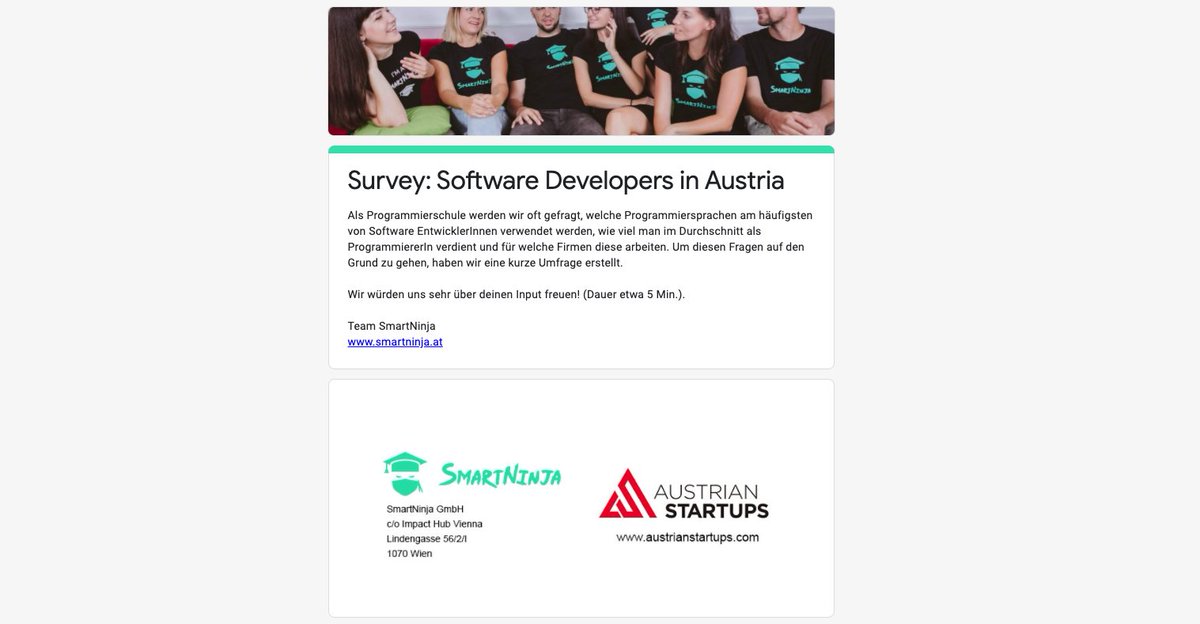SmartNinjaORG's tweet photo. To all our Austrian 🇦🇹 followers! ⚠️ Are you a software developer working in or from Austria? Please take a few minutes to fill out the short survey. SURVEY LINK: https://t.co/lp063c3UWf https://t.co/AypdM1KYfR