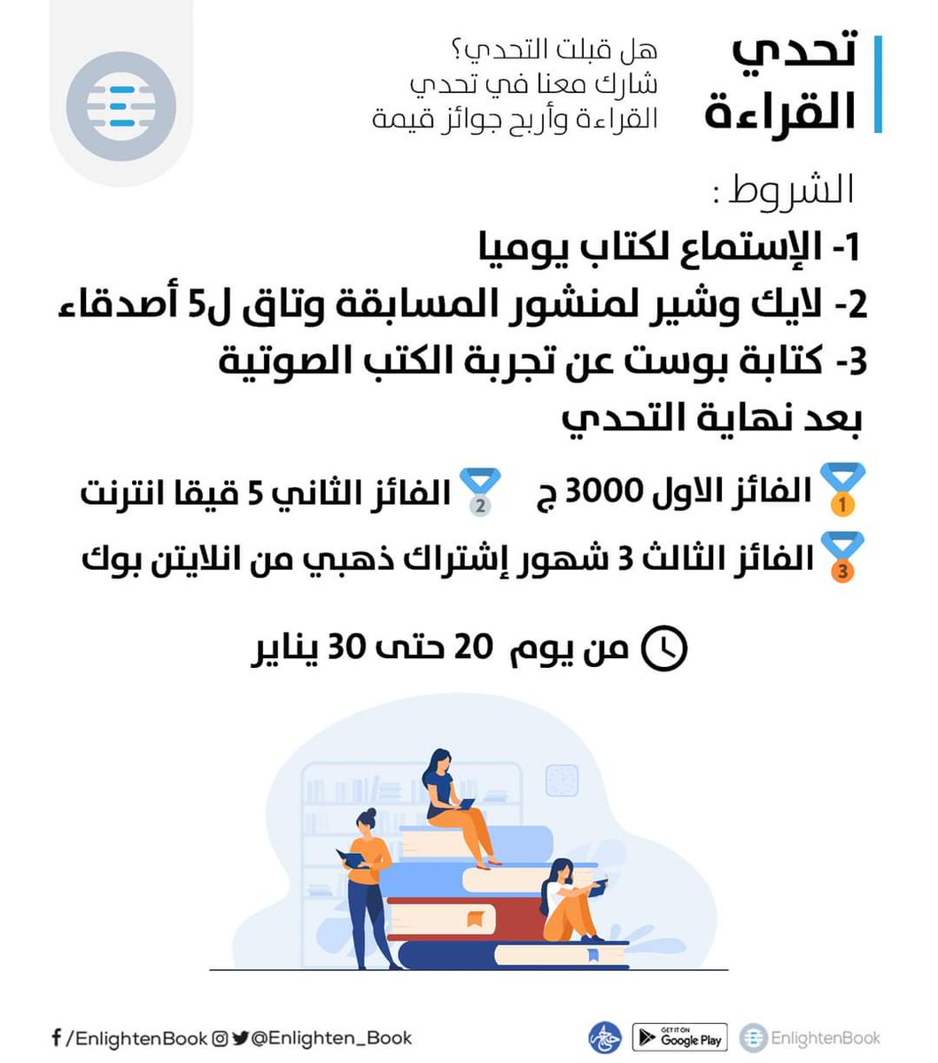 EnlightenBookSD's tweet photo. #تحدي_القراءة مع إنلايتن 🔥🔥🔥🔥
الشروط : 
1-الإستماع للمخلص الصوتي لكتاب واحد يوميا.(سبعة كتب فقط) (الملخص ربع ساعة فقط) بداية من 20/1 وحتى 30/1 .. 
2-لايك و ريتويت  و عمل تاق لخمسة أصدقاء للمشاركة في التحدي .. 
3-كتابة تويتة عن تجربة الكتب الصوتية بعد https://t.co/uz3qF6doio