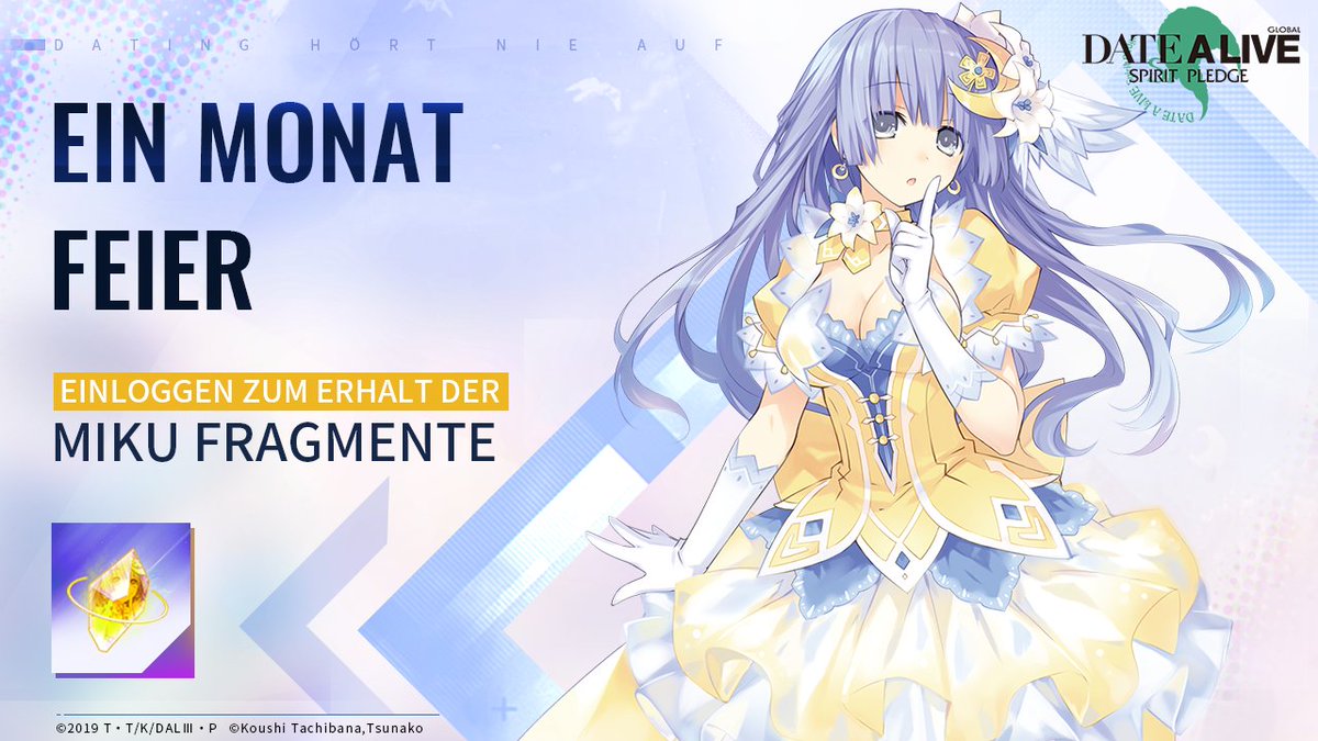 🎤Ein-Monat-Feier🎤

Meldet euch sofort an, um an dem Ein-Monat-Feier-Event teilzunehmen und Mikus Fragmente zu erhalten!

Seid ihr Darling voll bereitet?

#DateALive #SpiritPledge #Miku #Diva
