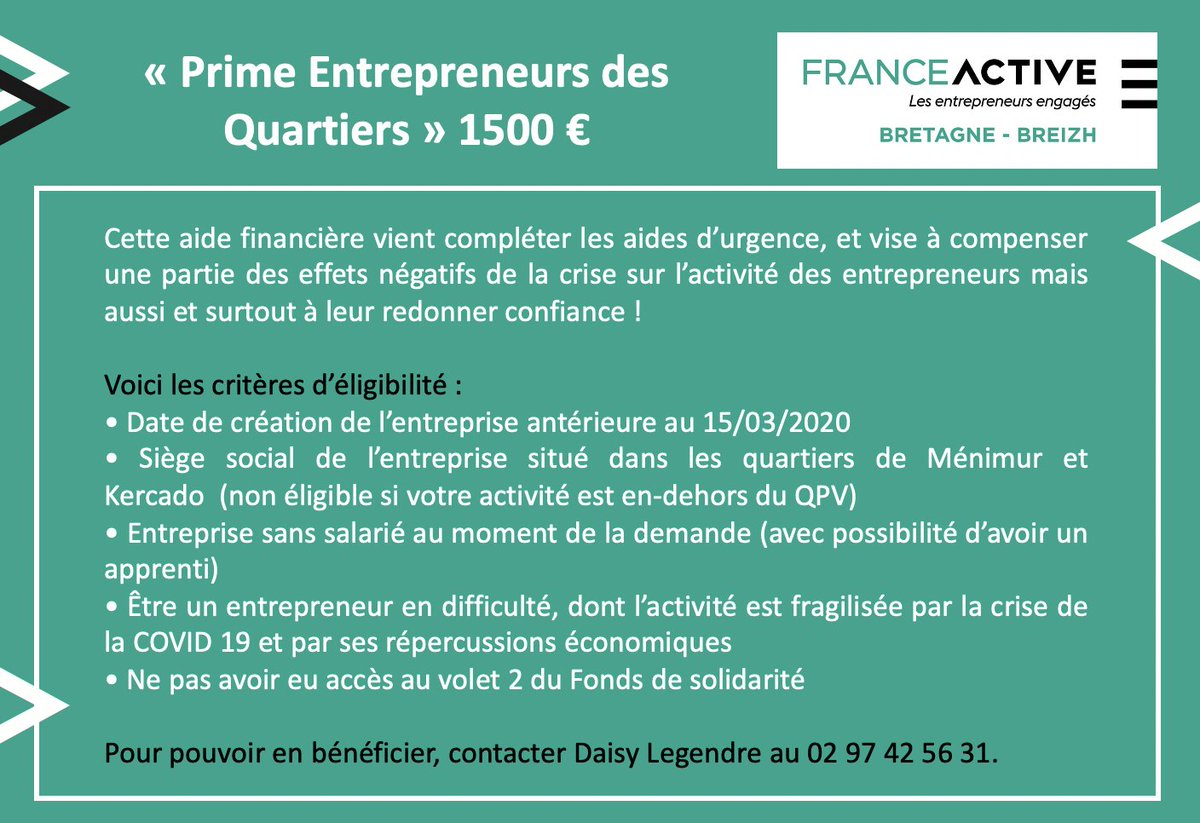 Une aide pour les #entreprises des #QPV de la ville de #Vannes (Ménimur et Kercado). Dispositif géré par #bretagneactive. Contact : Daisy LEGENDRE 02 97 42 56 31