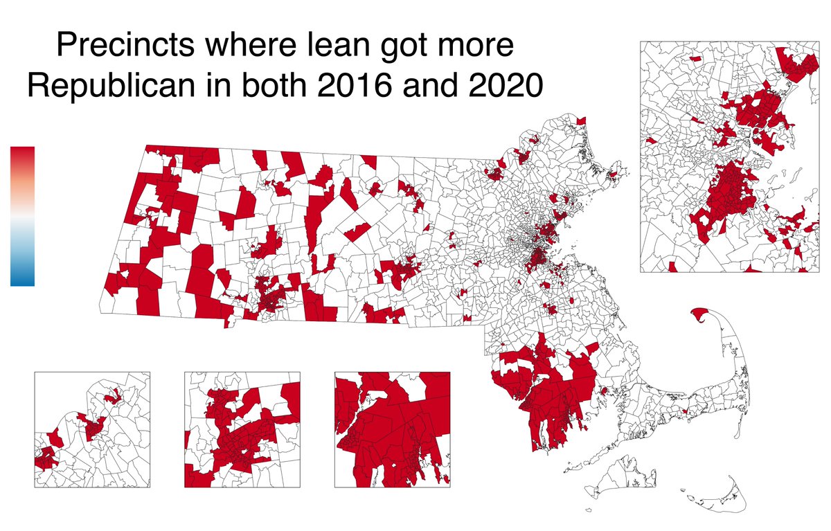 Similarly, this map shows all of the precincts whose leans got more Republican both times. The greatest concentration of these precincts is along the South Coast. The Gateway Cities stand out here, as do majority-minority areas in Boston and its inner metro.