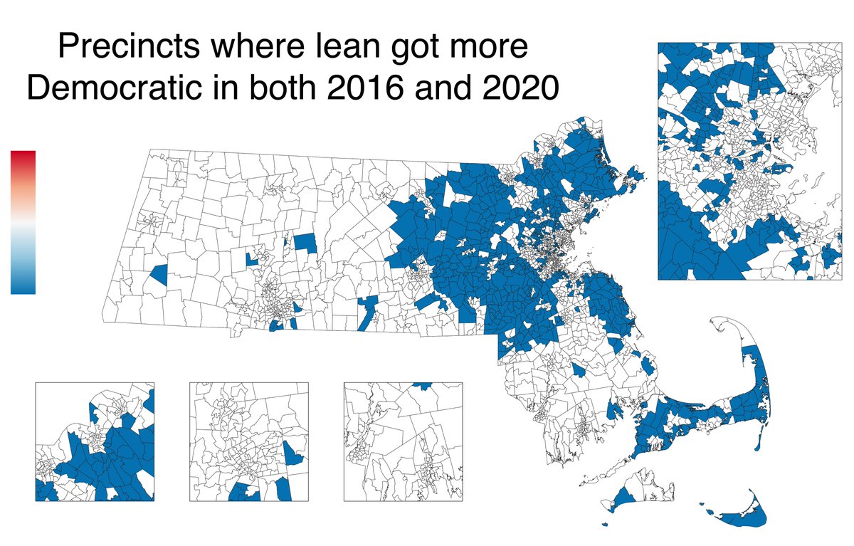 This map shows all of the precincts whose leans got more Democratic both times. Except for the Cape, very few are located outside the I-495 ring. Boston suburbs from the North Shore to the South Shore are clearly visible.