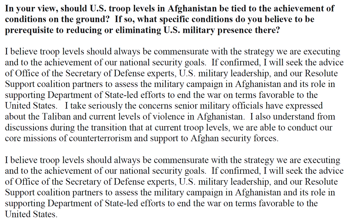 Austin notes senior military officials have "expressed concerns about the Taliban and current levels of violence" and that the current force level (of 2500?) is sufficient for "core missions" of CT and support to ANDSF.
