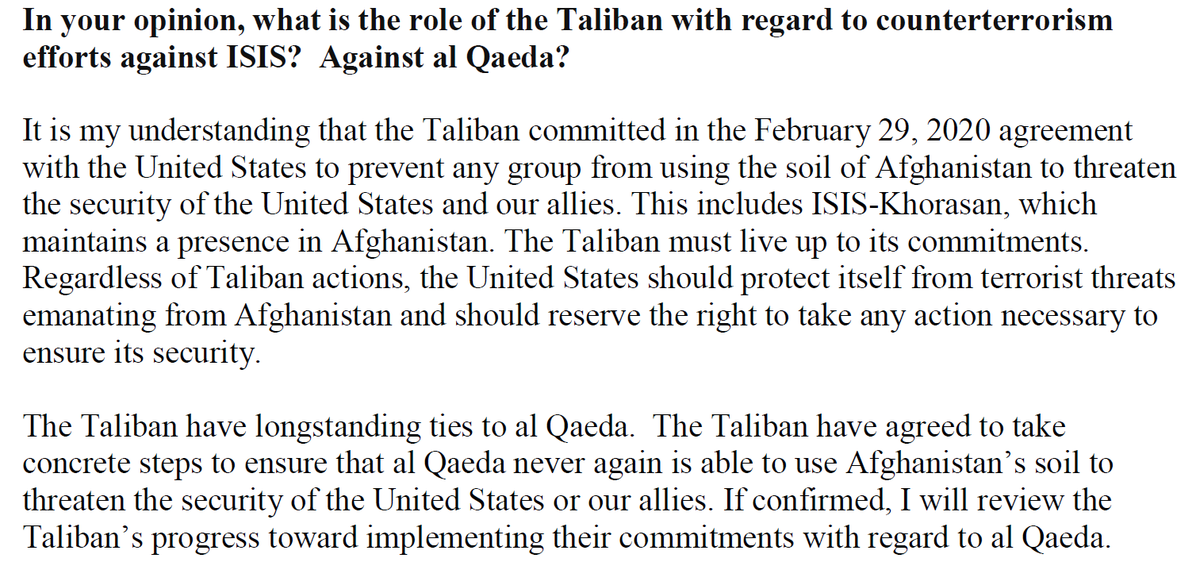 Austin says "Taliban have longstanding ties to al Qaeda" and that he will review progress on their commitments with regard to al Qaeda.