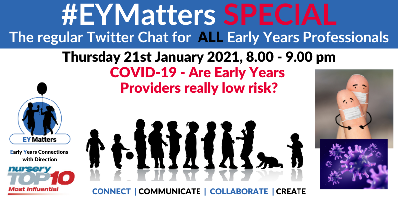 EY_Matters's tweet photo. Join us right here on Twitter on Thursday evening at 8pm for an #EYMatters Special #TwitterChat - #COVID19 - Are #earlyyears Providers really low risk? #TeamEarlyChildhood #EYTalking #nurseries #childminders #nannies #eyworkforce #reception #teachers https://t.co/1cTud0gAvn