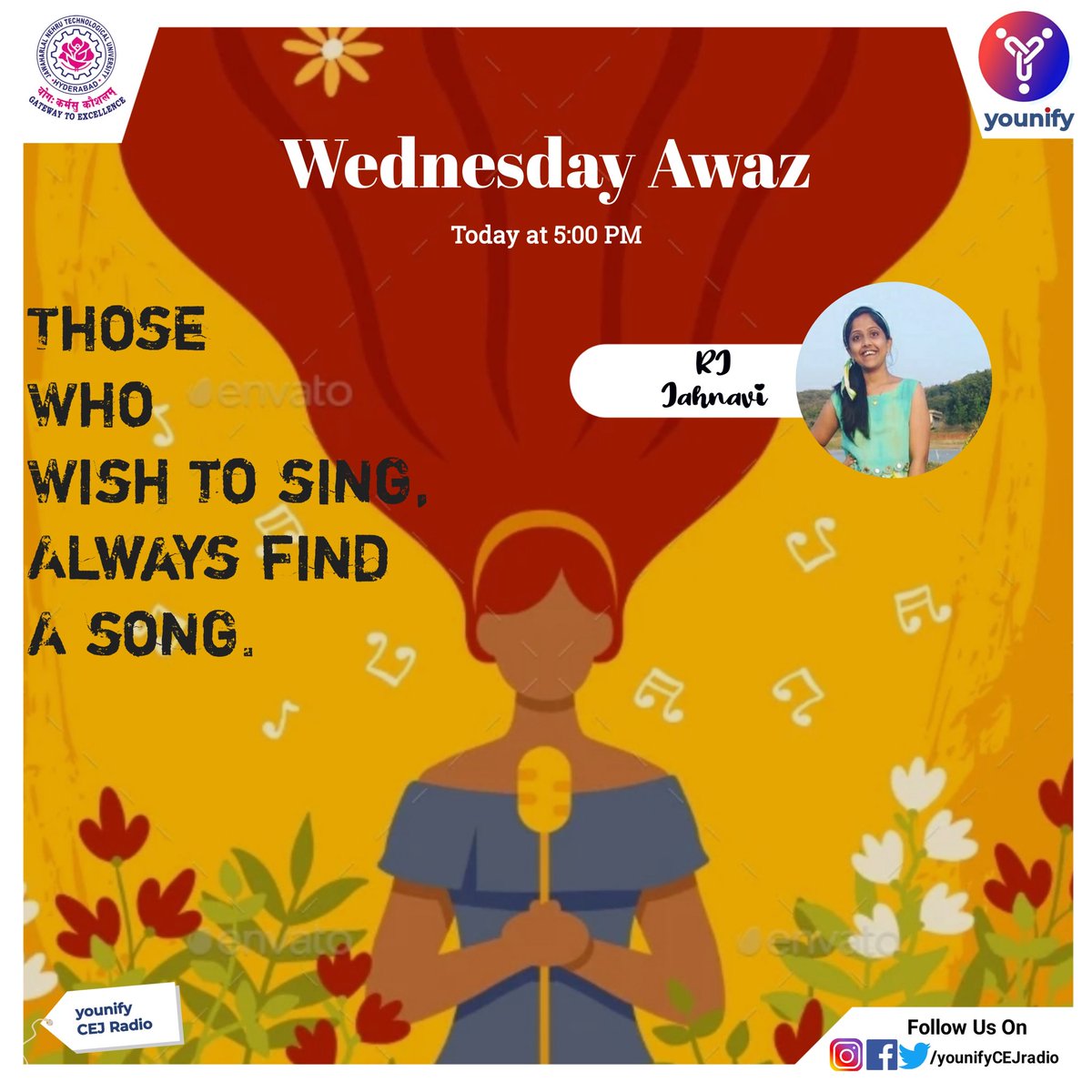 younifyCEJradio's tweet photo. Those who wish to sing, always find a song.
Stay tuned to younify CEJ campus radio today at 5:00 PM.
#younifyCEJ #campusradio #jntu #jntucej https://t.co/AjuLSU5ODh