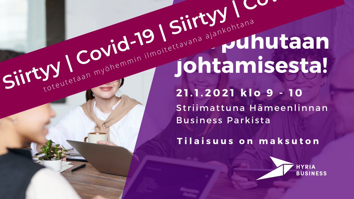 hyriabusiness's tweet photo. PERUUTUS! Tiukentuneiden koronarajoitusten vuoksi perumme huomisen keskustelutilaisuuden. Toteutamme tilaisuuden kun maakunnan rajoitussuositukset höllentyvät ja etätyösuositus poistuu. Turvallista kevättalvea kaikille!

#hyriabusiness #terveysedellä #covid19 https://t.co/g9r2vyJfHm