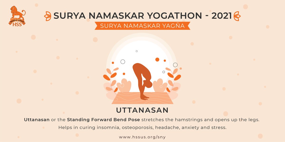  #SuryaNamaskar Posture 3: Uttānāsan or the Standing-forward-bend-pose stretches hamstrings and lower back. Helps in curing insomnia, osteoporosis, headache, anxiety and stress. #SNY #Yoga4Health #Yoga4Humanity #HSSPromotesYoga