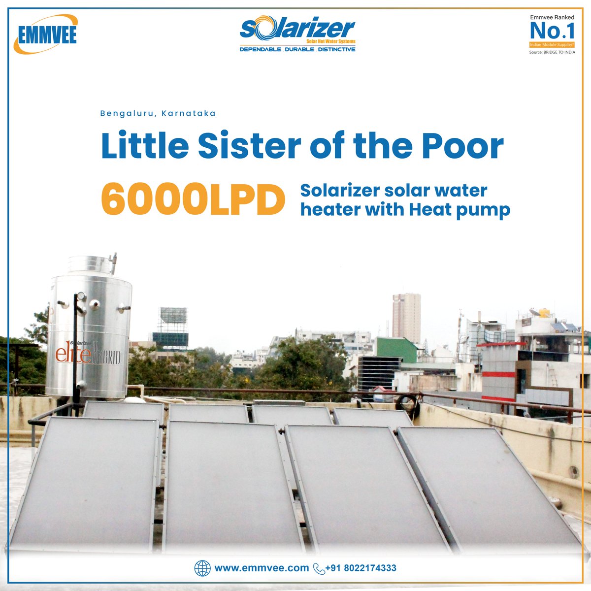 Emmvee_Group's tweet photo. Emmvee one of the pioneers in manufacturing solar water heaters has installed a 6000LPD Solarizer solar water heater with a Heat pump at Little Sister of the Poor, Bangalore Karnataka. #emmvee #solarmanufacturers #solarwaterheater #heatpump #solarizersolarwaterheater #solarizer https://t.co/JGCv58RxYh