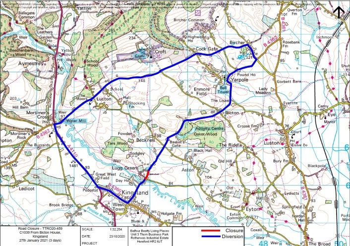 HfdsStreets's tweet photo. ROAD CLOSURE ADVANCED NOTICE | C1039 From Bicton House, Kingsland will be closed on Wednesday 27th January 2021 for 3 days on behalf of Welsh Water. Resident access only. See diversion route. https://t.co/4f99seUcDJ