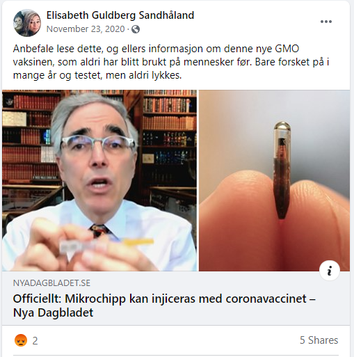 jonasali's tweet photo. Jeg vet ikke med dere andre, men jeg syns at @NRKno ikke burde la konspirasjonsteoretikere som tror at man kan bli vaksinert med mikrochiper få spre ubegrunnet vaksinefrykt i riksmedia. Det er meget uansvarlig journalistikk. https://t.co/t2kFLiHsI7