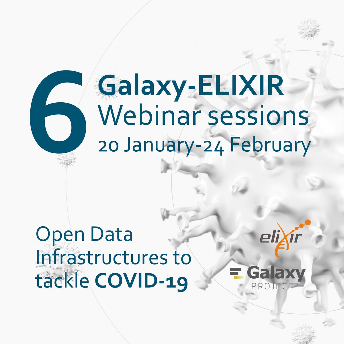Starting on 20 January, a series of 6 webinars will demonstrate that #openscience is key for responding to #COVID19 and public health crises
➡️ bit.ly/38VpdpS

 17 experts from <a href="/ELIXIREurope/">ELIXIR Europe</a> &amp; <a href="/galaxyproject/">Galaxy Project</a>
#usegalaxy <a href="/GalaxyAustralia/">Galaxy Australia</a> @GxyTraining <a href="/BioplatformsAus/">Bioplatforms Australia</a>