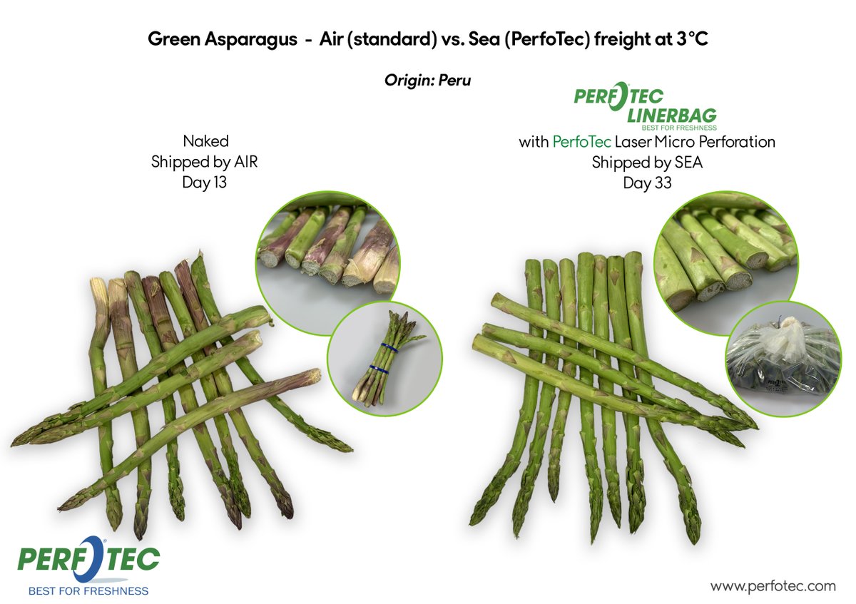 Sea freight is now possible, while maintaining the same #quality of your fresh product as when it is shipped by air. PerfoTec can offer a tailor-made solution for the #transport and #storage of your #fresh produce. 

Green #asparagus example: