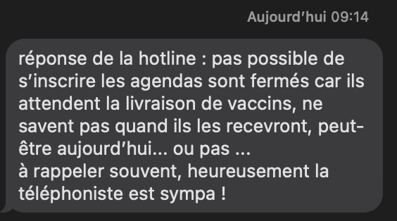 reymondin's tweet photo. Ma maman est éligible pour la vaccination dans le canton de Vaud mais n'arrive toujours pas à obtenir un rendez-vous. 🤷♂️
(Mais heureusement "la téléphoniste est sympa")
#VaudFail #SwissFail https://t.co/HaQPFhfy9q
