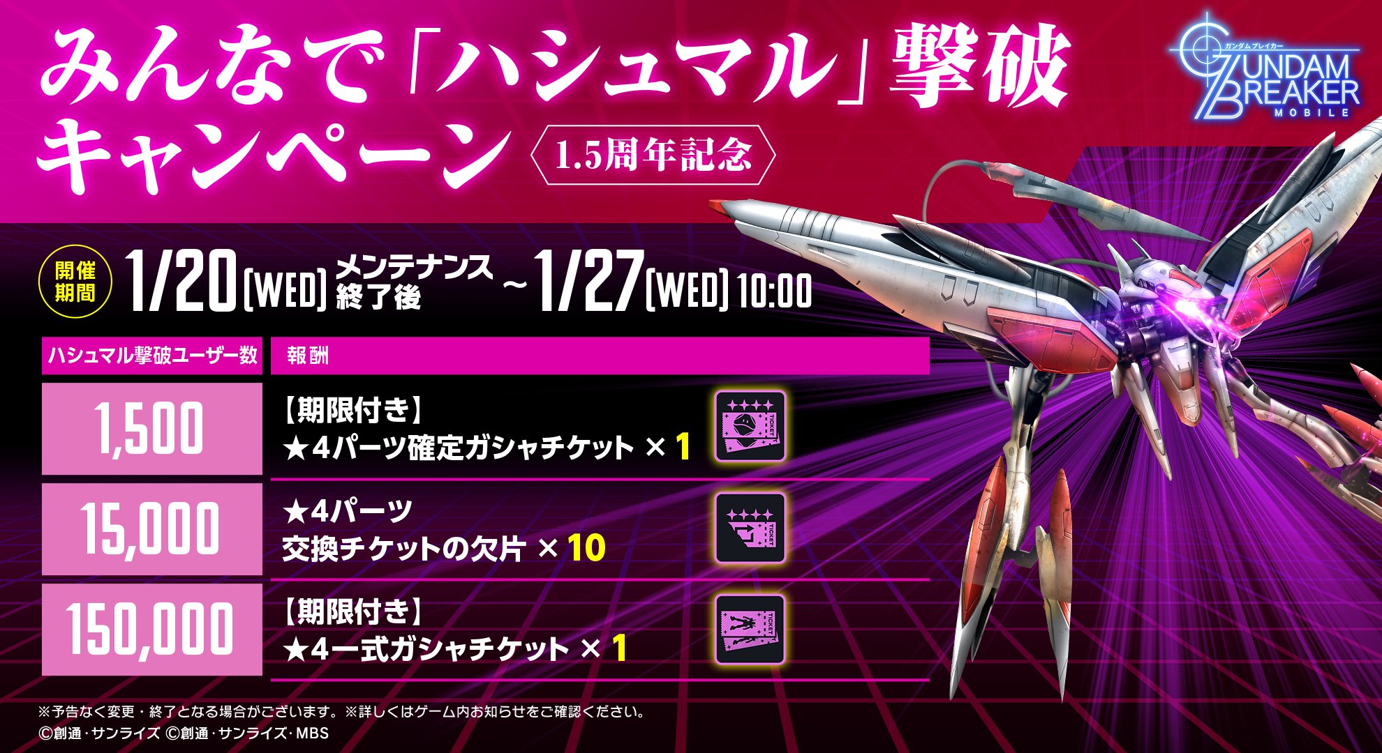 ガンダムブレイカーモバイル 公式 1 5周年記念 みんなで ハシュマル 撃破キャンペーン開催中 1 5周年記念 マルチイベント 目覚めし厄祭 で出現する ハシュマル の撃破に参加したユーザー数に応じて 期限付き 4パーツ確定ガシャ