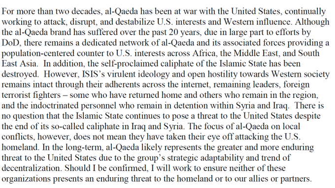 At his confirmation hearing, Sec Def nominee Austin assessed al-Qaeda's current & future threat. Three key takeaways: 1) there is a "dedicated network of al-Qaeda and its associated forces" 2) al-Qaeda's local focus doesn't mean it has taken "eye off attacking the U.S. homeland"