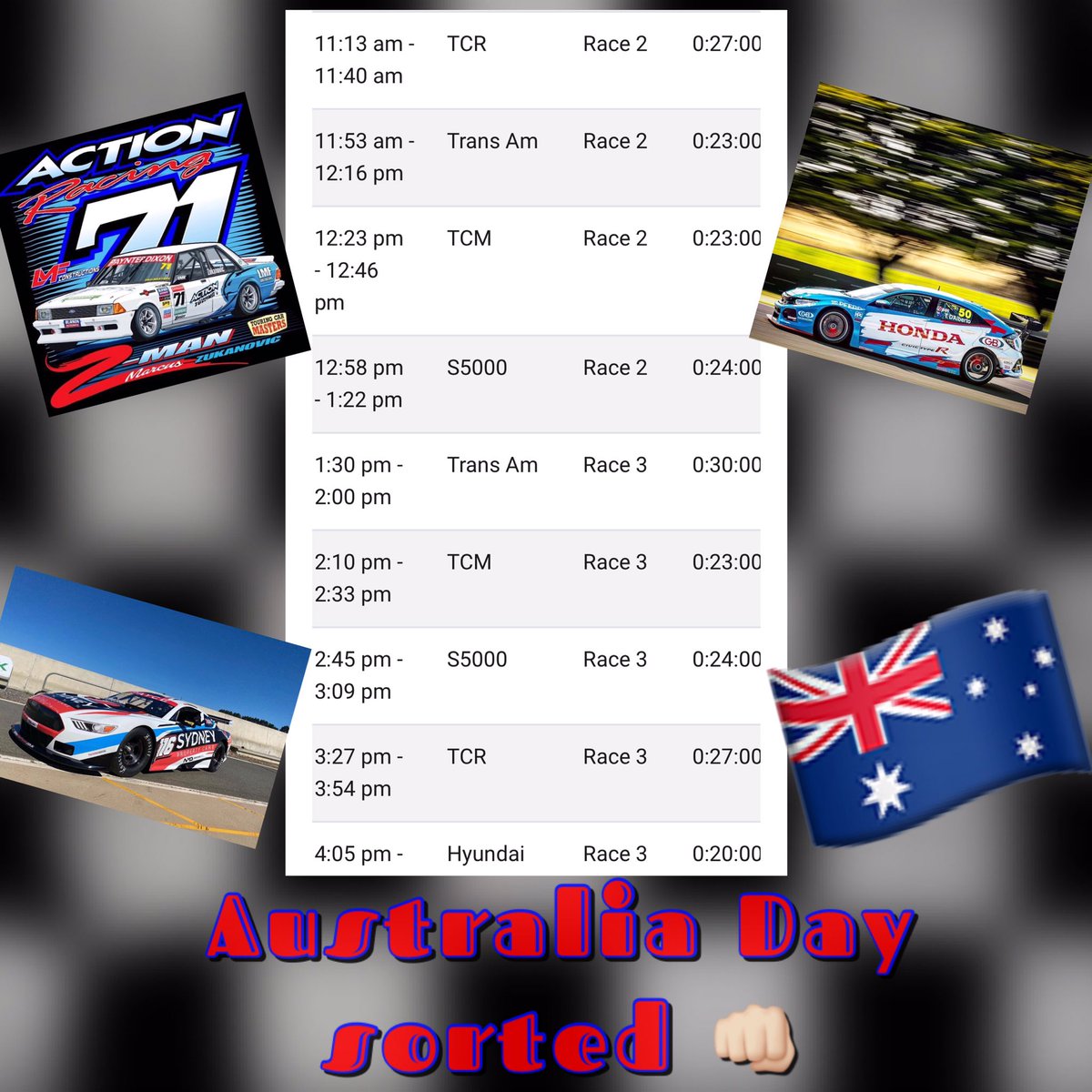 Andreadn34's tweet photo. Looks like it’s shaping up to be a crackin Aussie day this year 👊🏻🇦🇺🇦🇺🇦🇺 #TCR #TCM #S5000 #TransAm #MZ71 #TD50 #ActionRacing #WallRacing https://t.co/vtBpXY1FkF