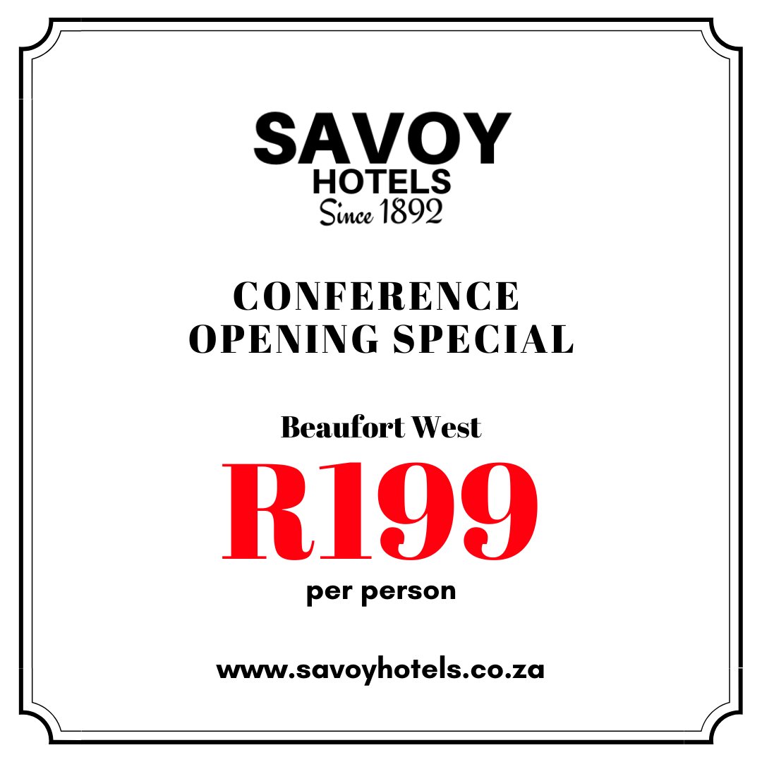 SavoyHotels's tweet photo. Benefit from the Savoy Conference Opening Special in Beaufort West. 

Includes:
Mid-morning tea/coffee and sandwiches, 2-course lunch, afternoon tea/ coffee with biscuits, venue, pen &amp; notepad. 
R199 only. https://t.co/6OIzr0x17I