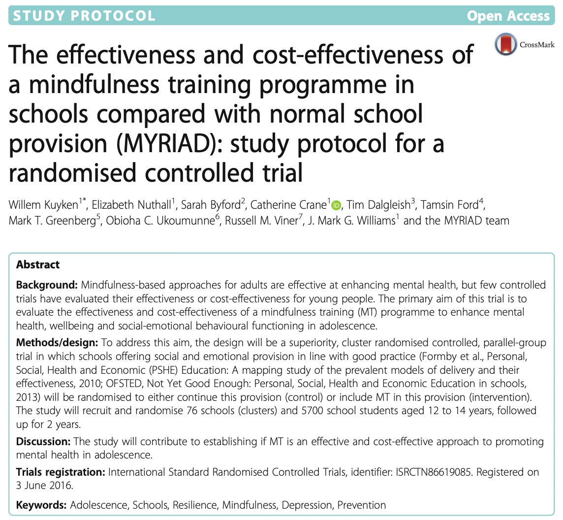 Willem Kuyken (@willemkuyken) on Twitter photo Today is a big day for the #myriadproject
We have the "reveal meeting" for the results of our mindfulness training in schools trial.
I am hugely proud of the team for delivering a high quality study able to answer important questions.
=> DOI 10.1186/s13063-017-1917-4 Today is a big day for the #myriadproject
We have the "reveal meeting" for the results of our mindfulness training in schools trial.
I am hugely proud of the team for delivering a high quality study able to answer important questions.
=> DOI 10.1186/s13063-017-1917-4