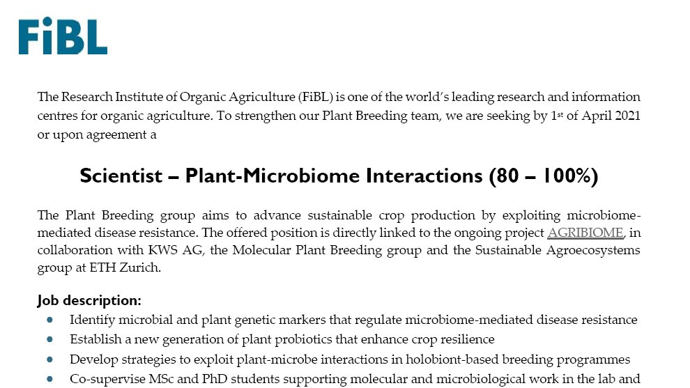 plant_holobiont's tweet image. Pls RT: New permanent scientist position on plant-#microbiome interactions available in our plant #breeding group @fibl. 
Check out: bit.ly/2XQa2YS, bit.ly/3nXgKXQ
#pea #pathobiome

@PhytoBiomes,@FEMSmicro,@Hologenomes,@gr_pathobiome,@mpipz_cologne,@MicrobiomeEU