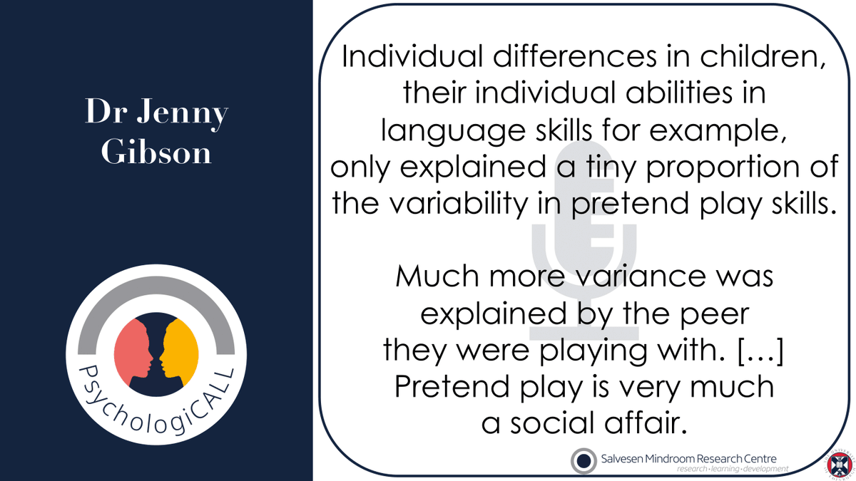  #PsychologiCALL 105 @DrJennyG from  @PEDALCam ( @CamEdFac) tells us about pretend play between school friendsShe found that children's interactions while playing are very complex, & these interactions are shaped by the friend they play with. #pretendplay  #play  #playresearch