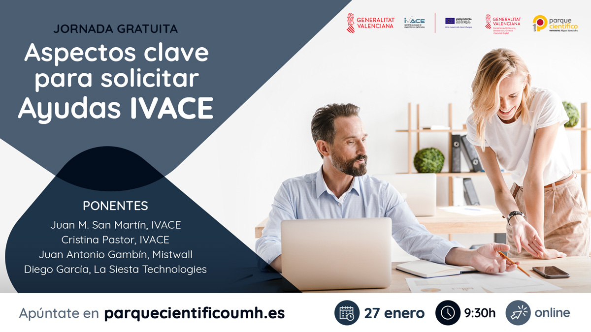 #Webinar gratuito: si necesitas #financiación para tu empresa innovadora, <a href="/GVAivace/">IVACE+i</a> ha abierto convocatoria para #Createc-CV y #Asesora-CV. Entérate de cómo presentar tu solicitud y de las claves para conseguirla. 27/01 en <a href="/PcientificoUMH/">Parque Científico UMH</a> parquecientificoumh.es/es/aspectos-cl…