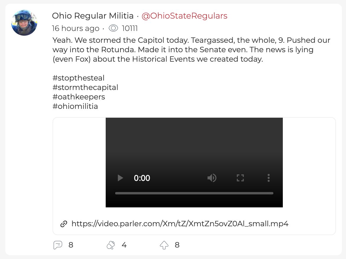 Watkins got as far as the Senate chamber, she bragged on Parler. Her profile, archived by internet sleuths, shows that she was very open about forcing her way into the Capitol.  https://web.archive.org/web/20210107170810/https:/parler.com/profile/OhioStateRegulars/posts