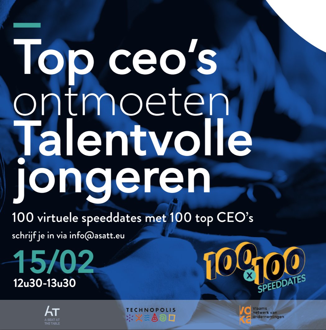 Nieuw jaar, nieuwe avonturen!

Op 15/2 gaan de jongeren van <a href="/ASATT_EU/">A Seat At The Table</a> speeddaten met:

• 100 (!) Top CEO's
• Premier <a href="/alexanderdecroo/">Alexander De Croo 🇺🇳</a>
• Minister-president <a href="/JanJambon/">Jan Jambon</a> 
• VL regering &amp; partijvz's

ism <a href="/vokavzw/">Voka - Vlaams netwerk van ondernemingen</a> @Technopolis_Be
#ASeatAtTheTable #ASATT100X100 #SamenGroeien