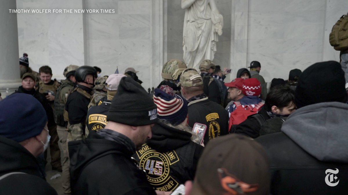 At 3:14 p.m., about 30 minutes after they entered, the Oath Keepers appear to have left the Capitol via the same door, where  @nytimes filmed them gathered in a group.