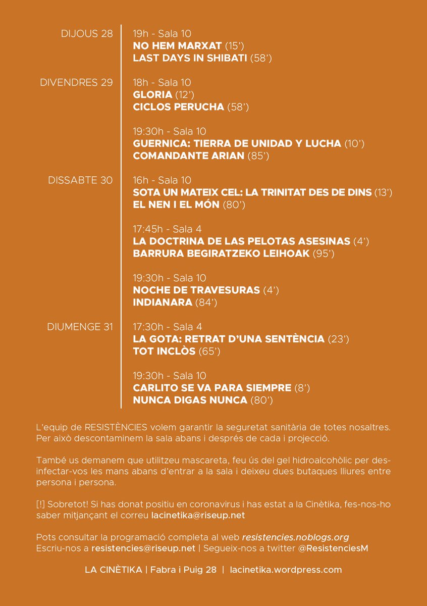 LaCinetika's tweet photo. És possible muntar un FESTIVAL DE CINEMA PRESENCIAL en plena pandèmia?

Les amigues de @ResistenciesM saben que sí, i ens ofereixen aquesta meravella de programació.

📅 28 a 31 de gener. Entrada lliure!

Entreu al seu web i flipeu 👉 https://t.co/RfZL8DTnVd

#MostraResistencies https://t.co/KaP1maCXbv