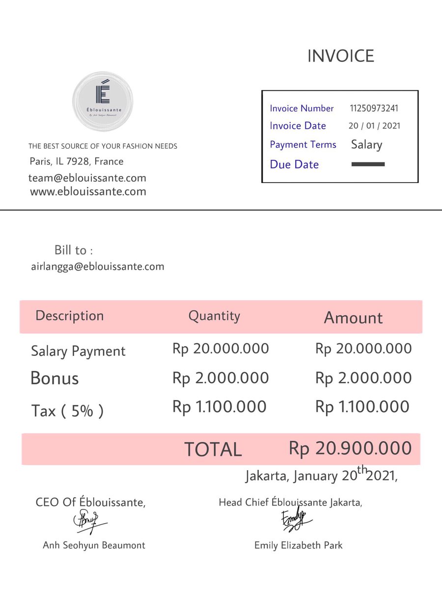 on Jan 20th 2021 at 08.47 AM Indochina time.
We have attached the invoice of your salary payment. 

Best Regards,
The Éblouissante Team.

Salarypayment.pdf