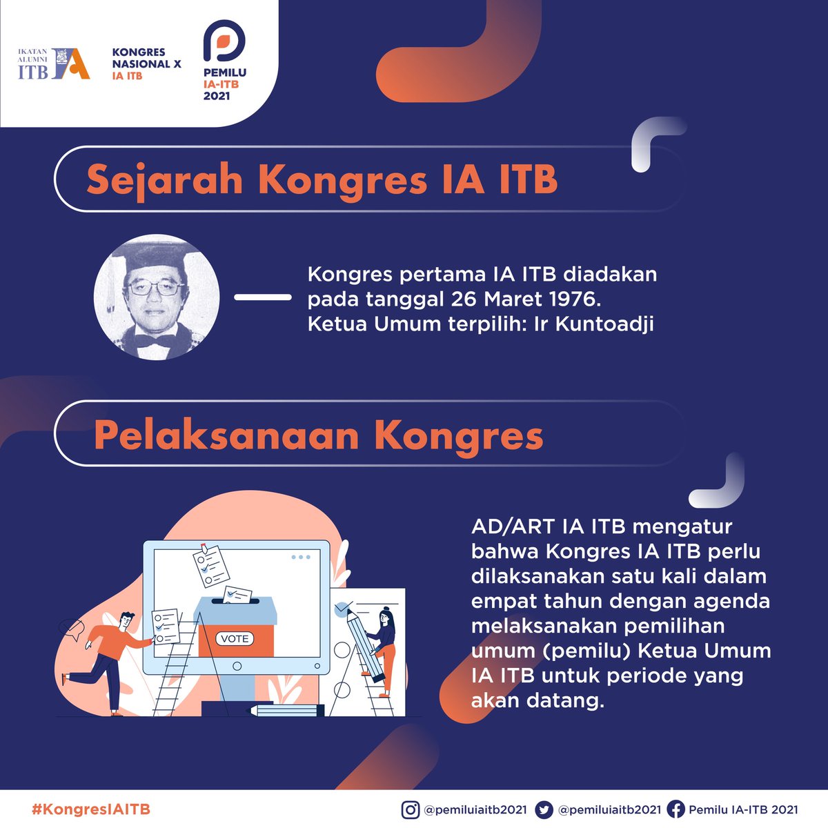 PemiluIAITB2025's tweet photo. Hai Alumni! 

Setiap menjelang pemilu IA ITB, pasti kalian sering mendengar atau membaca sekilas tentang Kongres IA ITB. Sebenernya apa sih kongres itu?
Kongres merupakan rapat anggota tertinggi yang diadakan dalam rangka memilih kepengurusan baru.

#InstitutTeknologiBandung #ITB https://t.co/i8uBWhNqBs
