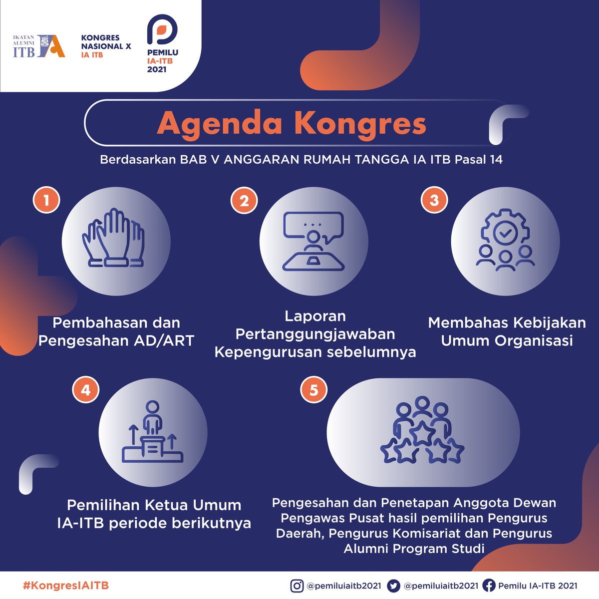 Hai Alumni! 

Setiap menjelang pemilu IA ITB, pasti kalian sering mendengar atau membaca sekilas tentang Kongres IA ITB. Sebenernya apa sih kongres itu?
Kongres merupakan rapat anggota tertinggi yang diadakan dalam rangka memilih kepengurusan baru.

#InstitutTeknologiBandung #ITB