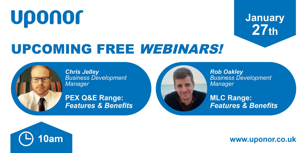 Join Chris or Rob in our upcoming Free Webinars on Tuesday 27th of January to have an introduction on Uponor’s MLC range and PEX Q&amp;E range.
#uponoruk #installers #plumbing