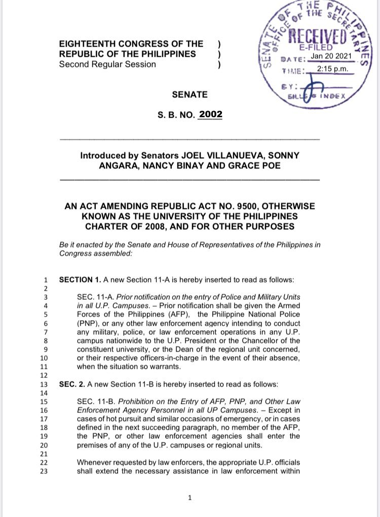 uposr's tweet photo. LOOK: Senators file a bill amending the UP Charter to include provisions “institutionalizing” the UP-DND Accord. 

One of the authors is Sen. Joel Villanueva, a member of the UP Board of Regents. 

#DefendUP
#DefendAcademicFreedom 
#NoToCampusMillitarization https://t.co/bM1lyVR9Aa