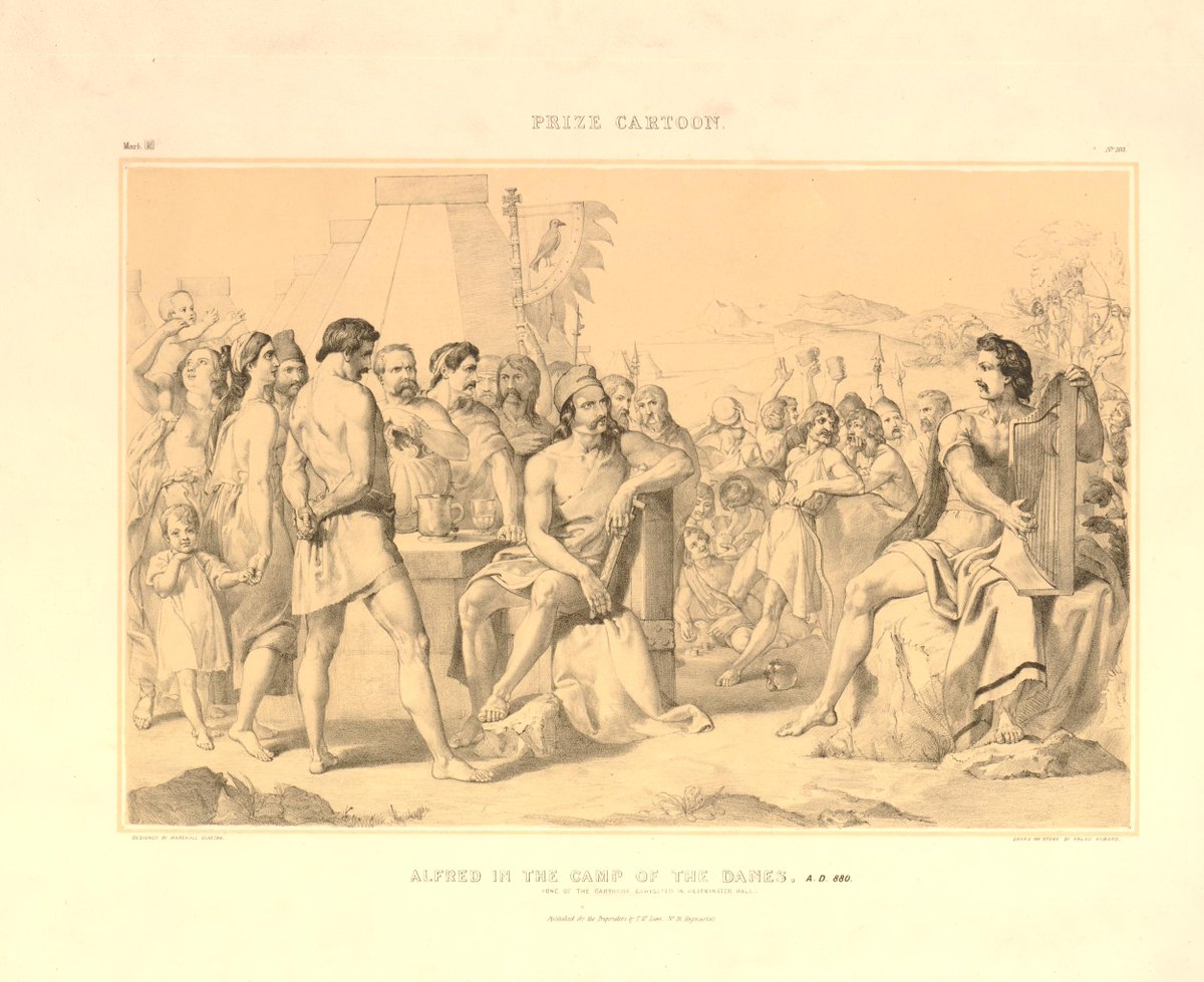 CatJarman's tweet image. I love this illustration of "Alfred in the Camp of the Danes, A.D. 880", from c. 1843-4. We've clearly got it all wrong, the #Vikings were VERY civilised and peaceful! 😆   

Note the women and children, plus the raven banner...

© The Trustees of the British Museum     1/2