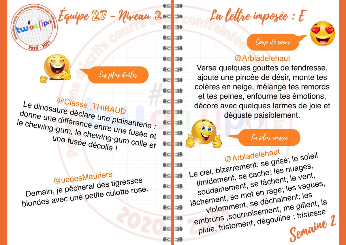 Et voici les résultats de l’#EQ27 !!! Les votes étaient très serrés ! Félicitations aux classes choisies, nous avons hâte maintenant de lire vos définitions ! #Twoulipo 

@Arbladelehaut
<a href="/CMBessonSavasse/">CM1-CM2 Besson Savasse</a>
<a href="/Classe_THIBAUD/">Classe de M.Thibaud</a>
<a href="/ClasseMonsieurA/">Classe de Monsieur A</a>
<a href="/Cm2Pace/">Cm2Pace</a>
@classe_ev
<a href="/uedesMauriers/">UEdesMauriers#22</a>
