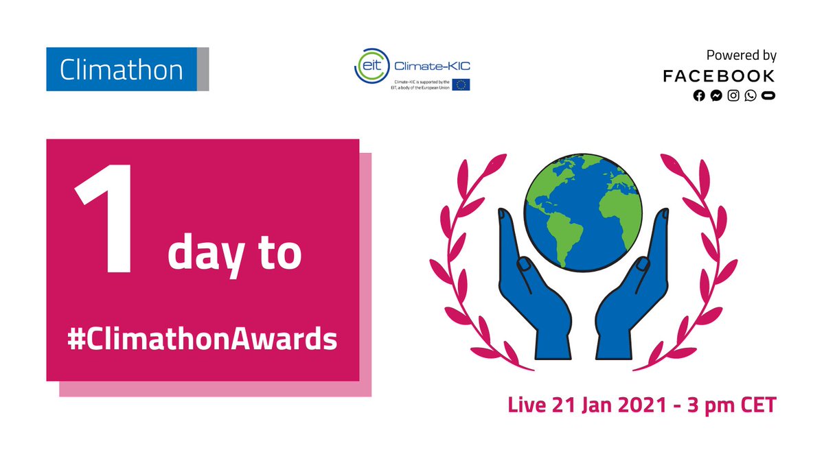 🤩The wait is almost over: only 1 day left to #ClimathonAwards. 

👉Join us in our annual celebration of #Climathon Community! 

Tomorrow 21st Jan - 3pm CET 
Live from bit.ly/3sxVNpL

#ClimateAction