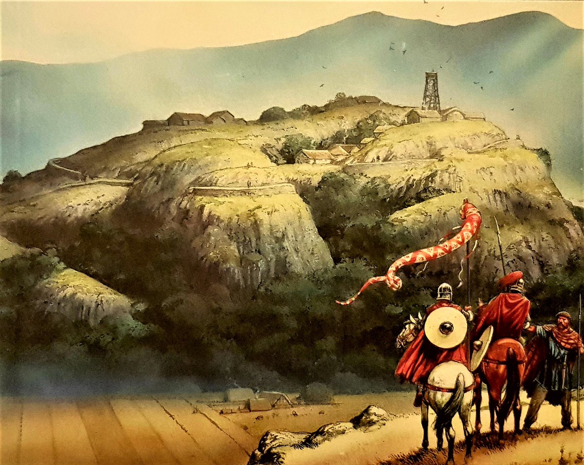 A great reminder that hillforts aren’t just for the Iron Age in this brooding  #reconstruction of post  #Roman Dinas Emrys  #Gwynedd  @nationaltrust © Peter Dennis from British Forts in the Age of Arthur by Angus Konstam  @OspreyBooks https://ospreypublishing.com/british-forts-in-the-age-of-arthur-pb #HillfortsWednesday