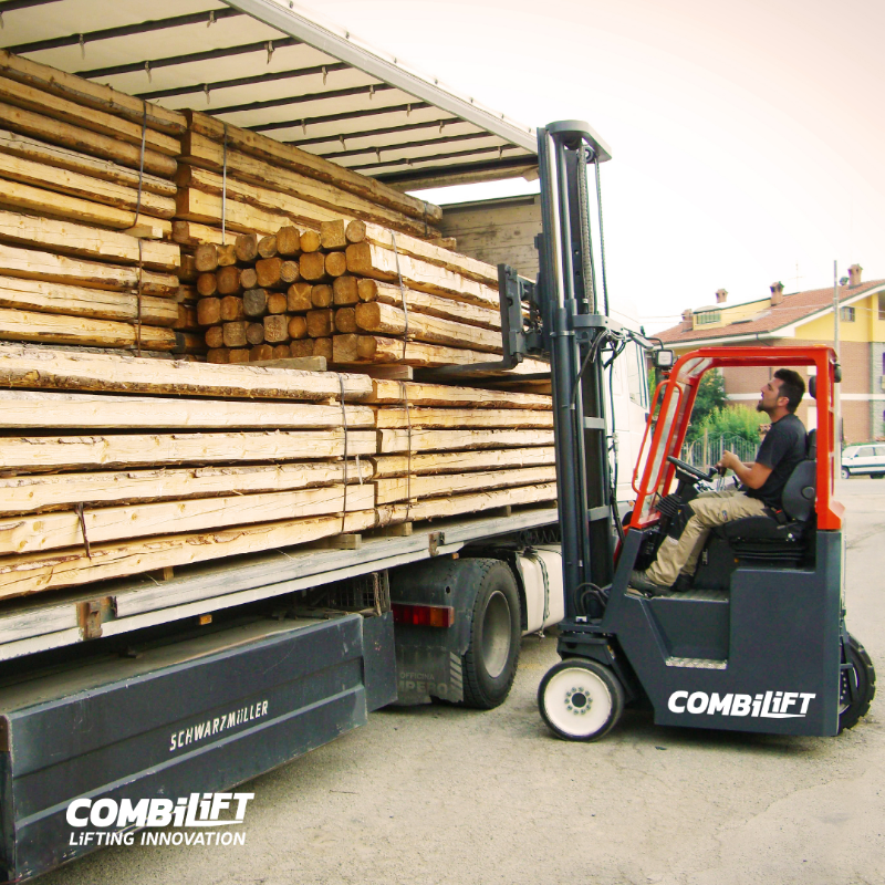Combilift's tweet photo. The award-winning Combi-CB is a compact and reliable solution that maximises productivity and safety in your facility. Perfect for Timber, Logistics, Aluminium, Building Materials, Metals, Plastic, Steel and Warehousing. #Forklift #CombiCB #TimberForklift #Multidirectional